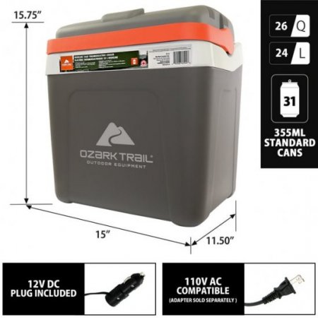 Ozark Trail Highline 12V Iceless 30 Cans 24 L/26qt Electric Cooler, Portable Travel Thermoelectric Car Cooler, Grey